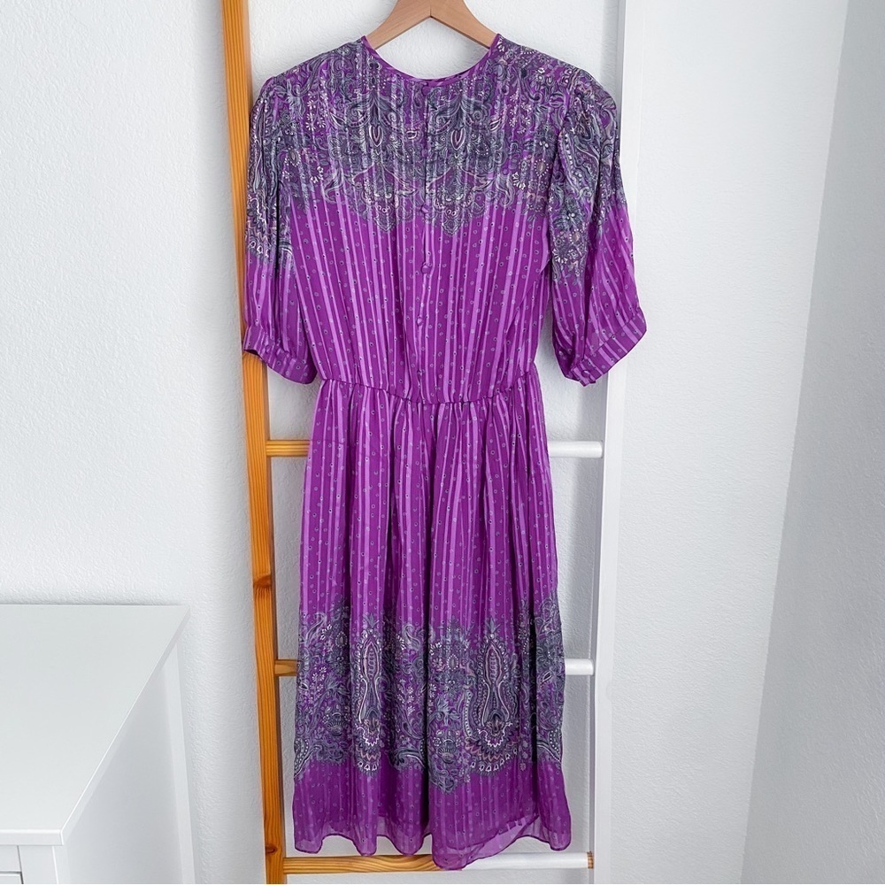 Vintage Hanae Mori New York VTG Chiffon Paisley Stripe Dress Purple